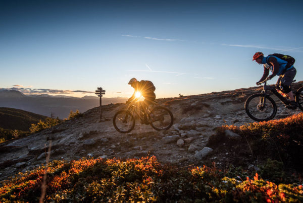 Wandbild Sonnenaufgang Mountainbiker